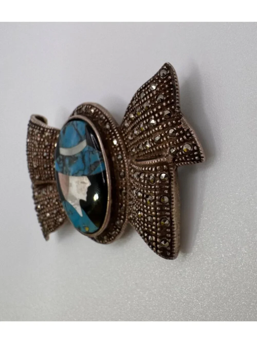 925 TH Sterling Silver Turquoise Abalone MOP Onyx Inlay Marcasite Bow Brooch - Picture 6 of 12